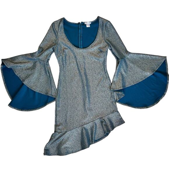 Venus Party Dress Medium Teal & Metallic Gold Asymmetrical Flare Sleeve Holiday - Picture 1 of 16